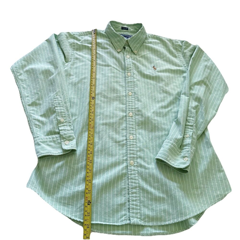Womens Ralph Lauren Slim Fit Green Striped Flesh Pony Long Sleeve Shirt Size 12 - Picture 7 of 15